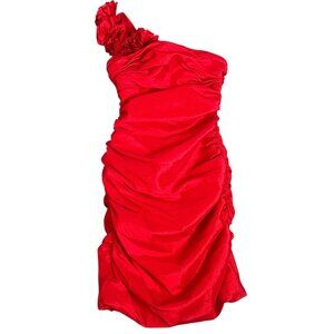 Hailey Dress Womens Size 4 Red Ruched Flower Floral One Shoulder Mini Cocktail